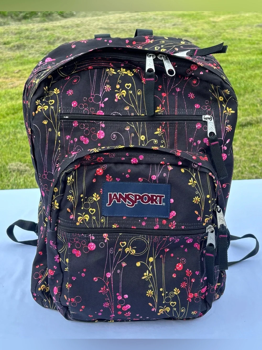 JanSport Big Student Backpack Black Y2K Colorful Floral Whimsical Indie School